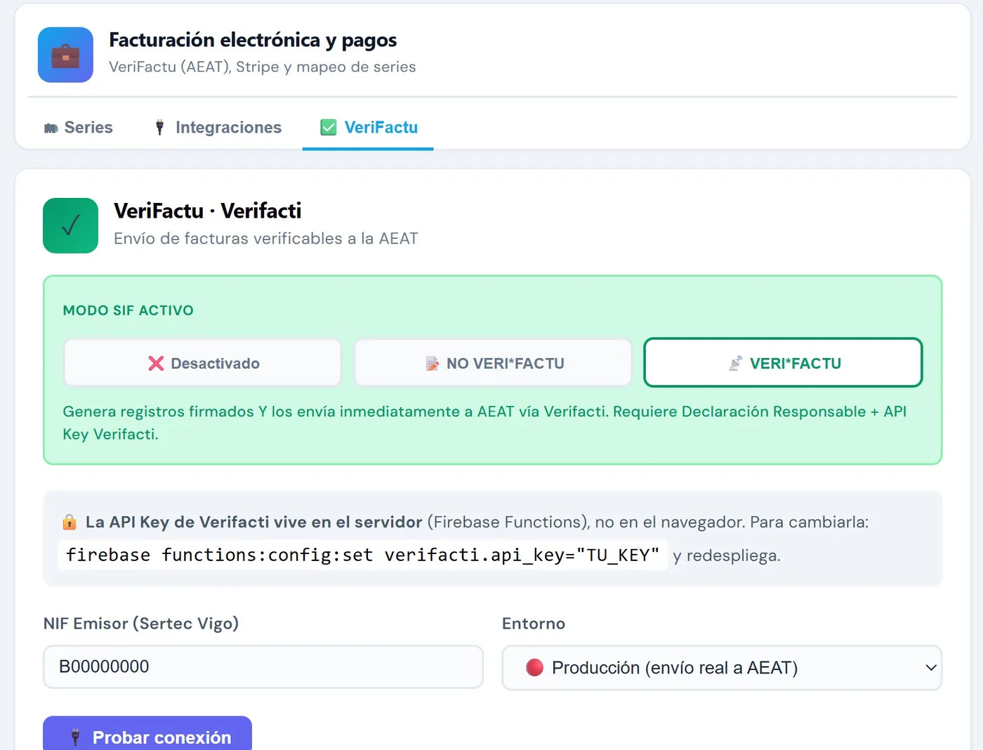 Panel de configuración de VeriFactu