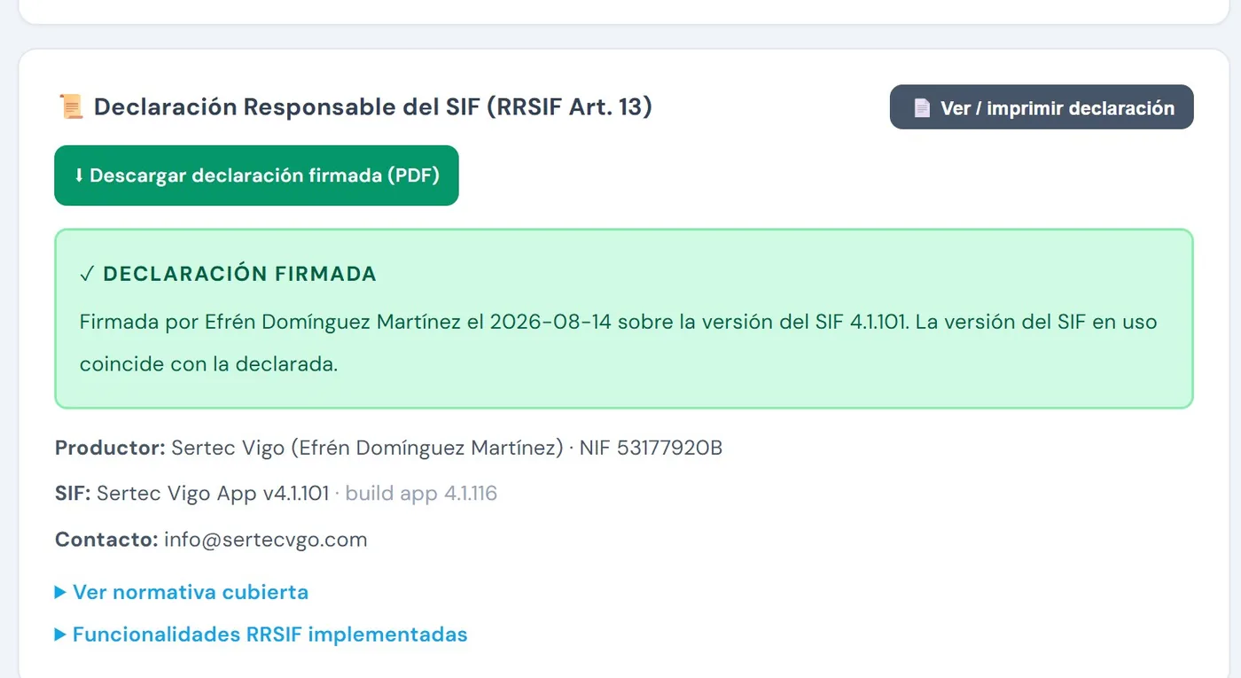 Declaración Responsable del SIF firmada