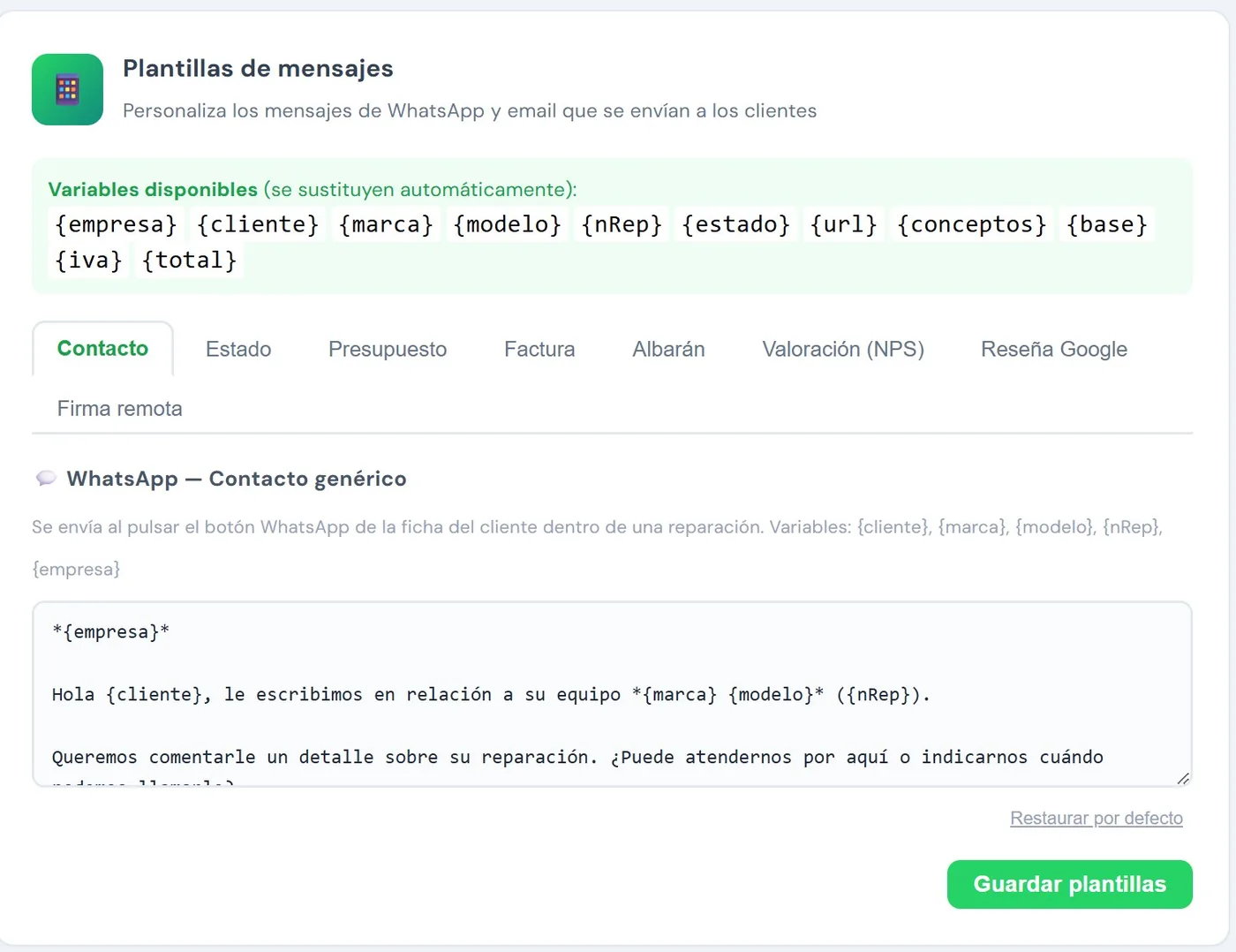 Plantillas de mensajes editables