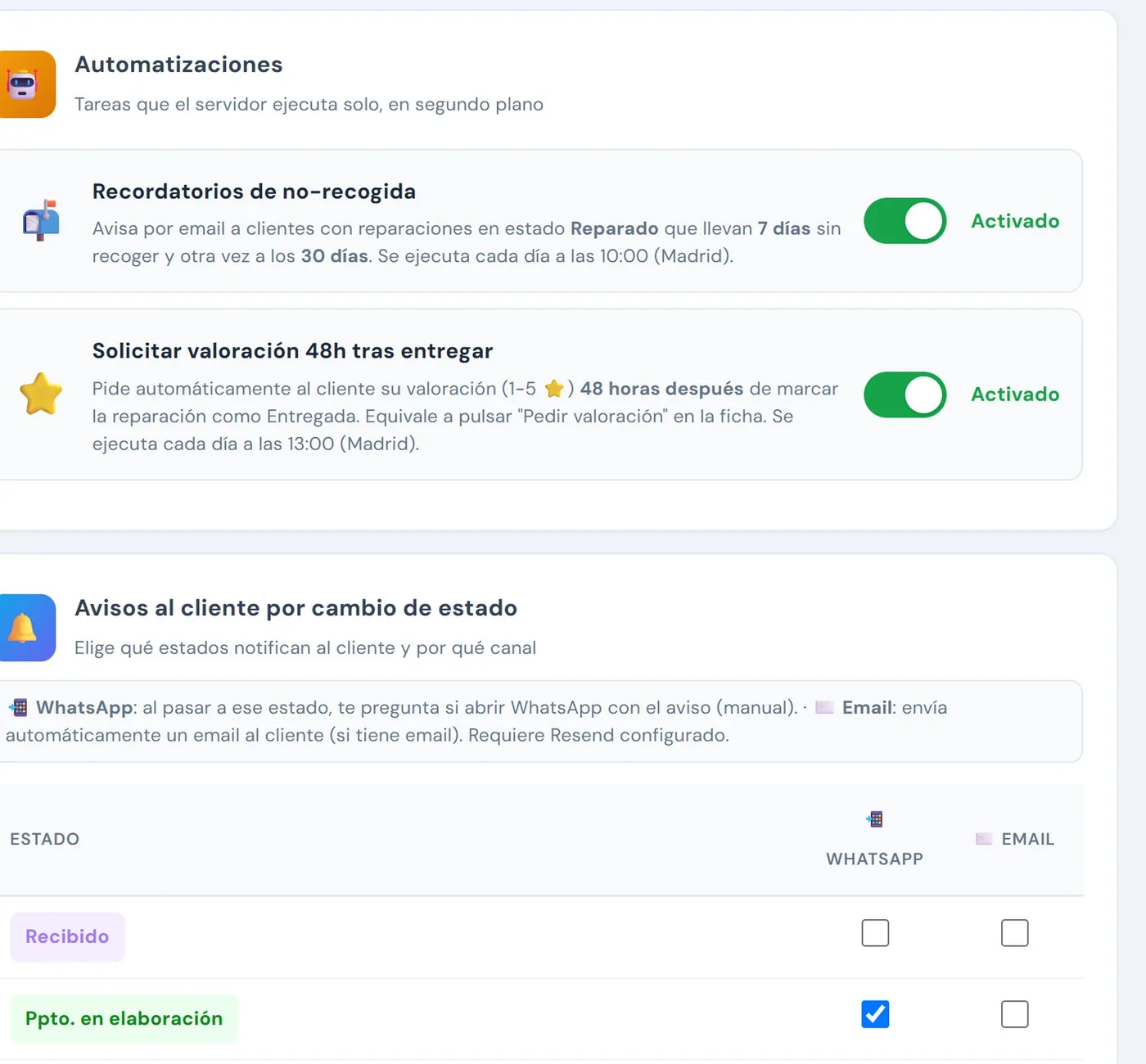 Panel de automatizaciones