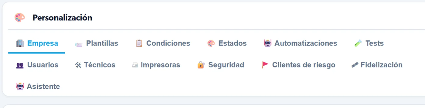 Apartados de personalización