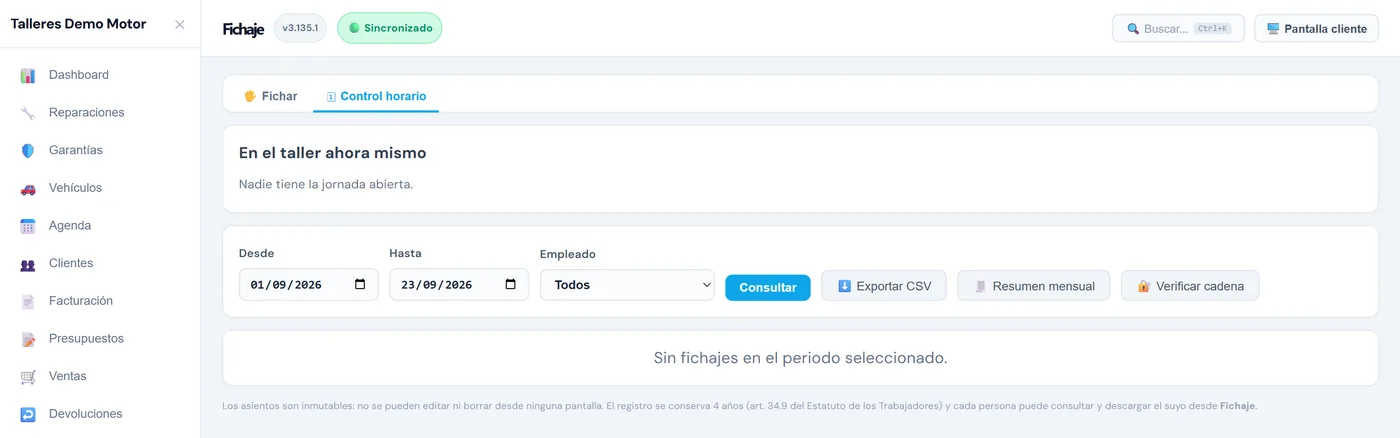 Control horario del administrador: quién está dentro, consulta por periodo, exportar, resumen mensual y verificar cadena