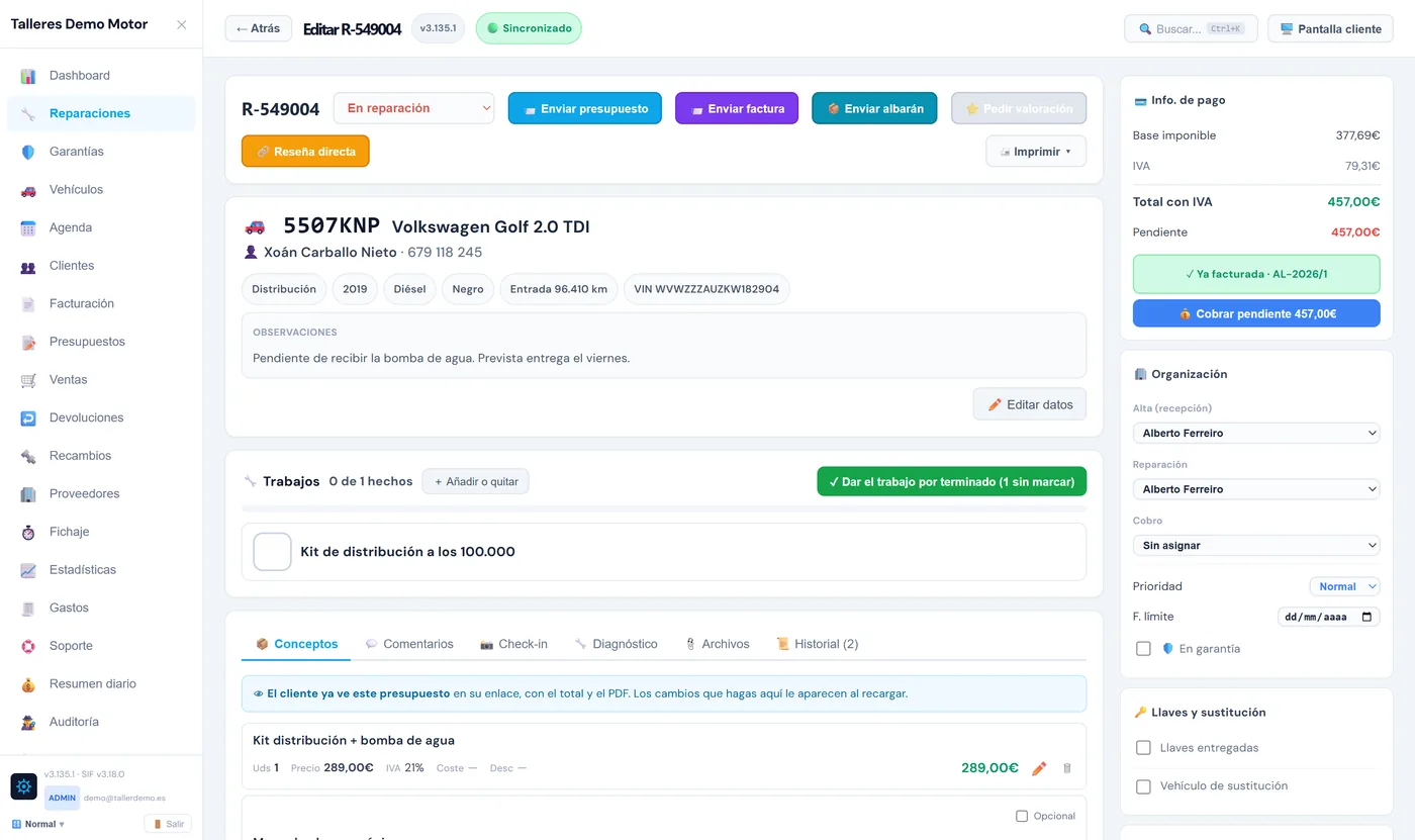 Ficha de una reparación: vehículo, trabajos, conceptos, información de pago, organización y llaves
