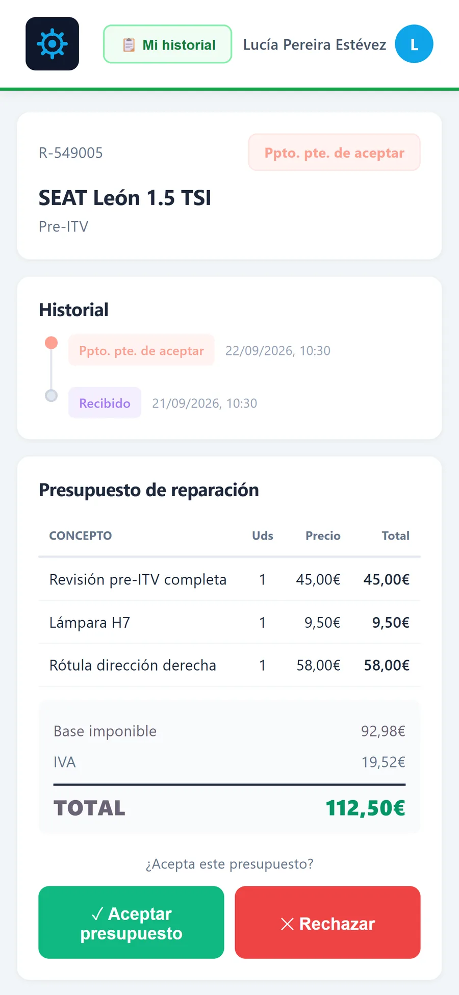 El cliente acepta o rechaza el presupuesto desde su móvil