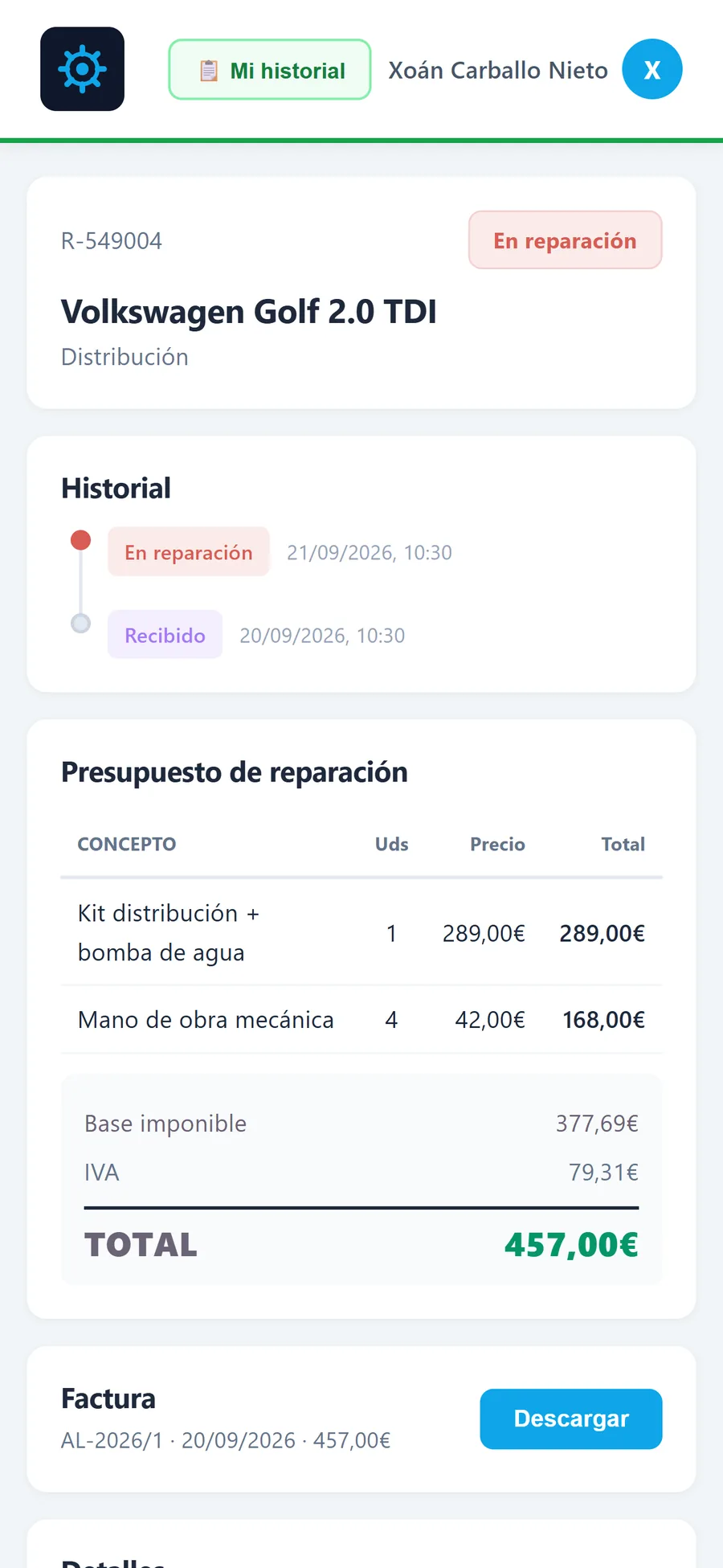 El cliente sigue el estado de su coche y descarga la factura